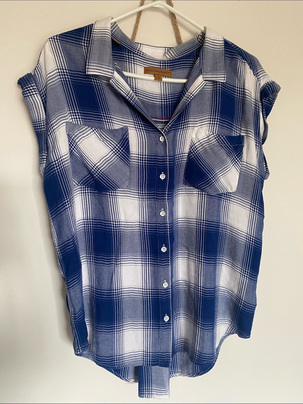 Jachs Girlfriend Navy and White Plaid Button-Front Cap Sleeve Shirt